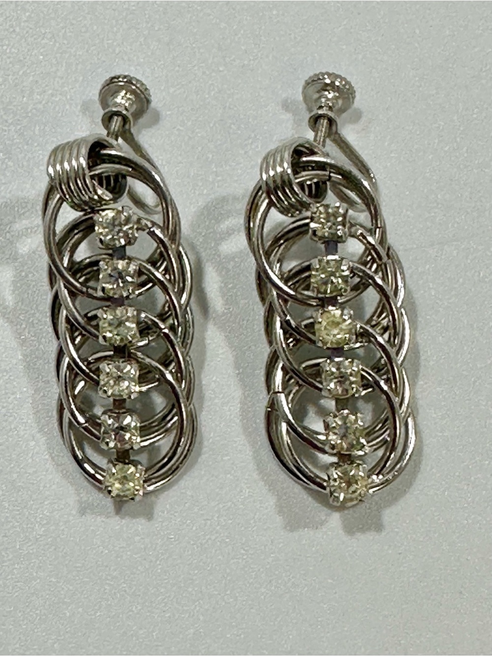 Vintage Silver Modernist Rhinestone Chain Link Ring Cascade Screw Back Earrings